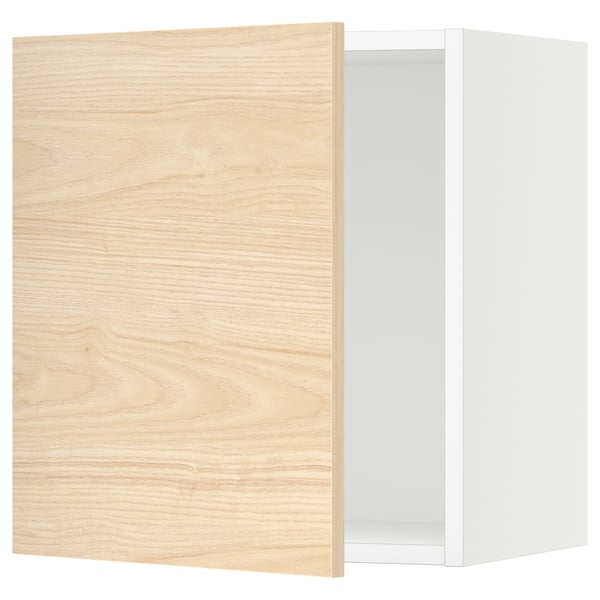 Modern light wood grain kitchen cabinet with white interior and soft-close hinge.