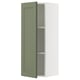 Depicts a SEKTION wall-mounted kitchen cabinet with a grey-green axstad door. It a sleek, rectangular design with a door damper for soft closing.
