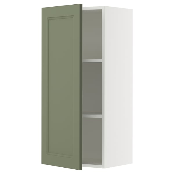 SEKTION kitchen cabinet, grey-green, flat panel door, adjustable shelf, white frame.