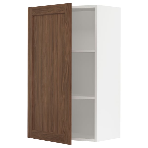 SEKTION kitchen cabinet with walnut wooden door, white interior, and adjustable shelves.