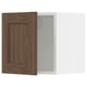 Walnut-colored cabinet door with modern design and grain texture opened to show light grey interior.