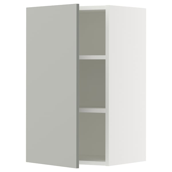 SEKTION kitchen cabinet: light grey, modern design, square shape, adjustable shelves, and soft-closing hinges.