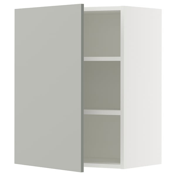 Modern grey kitchen cabinet, white interior, two adjustable shelves, square shape.