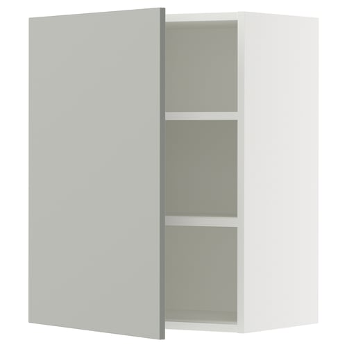 Modern grey kitchen cabinet, white interior, two adjustable shelves, square shape.