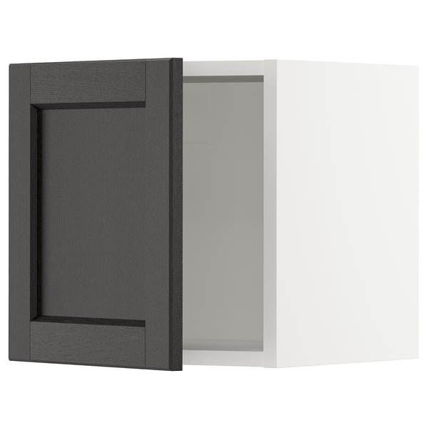 Dark grey wooden cabinet door with square, recessed panel design and matching frame.