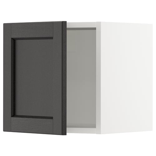 Dark grey wooden cabinet door with square, recessed panel design and matching frame.