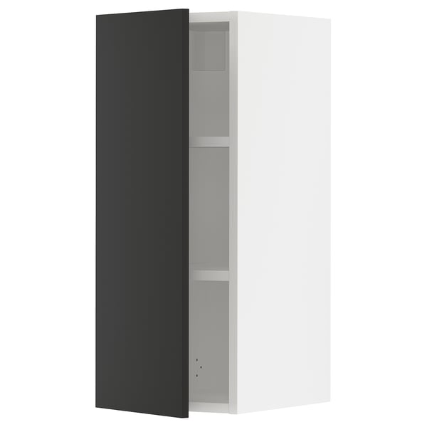 Black and white kitchen cabinet, modern, tall, adjustable shelves, comes with door damper, made of particleboard and plastic.