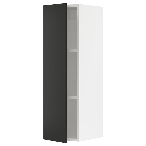 A modern black SEKTION kitchen cabinet with an open door, revealing two adjustable shelves inside.