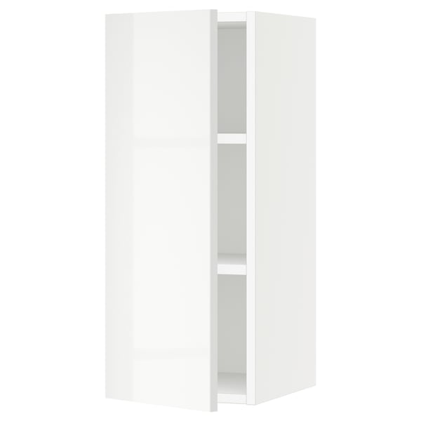 White SEKTION kitchen cabinet with glossy doors and adjustable shelves.