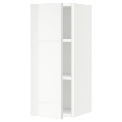 White SEKTION kitchen cabinet with glossy doors and adjustable shelves.
