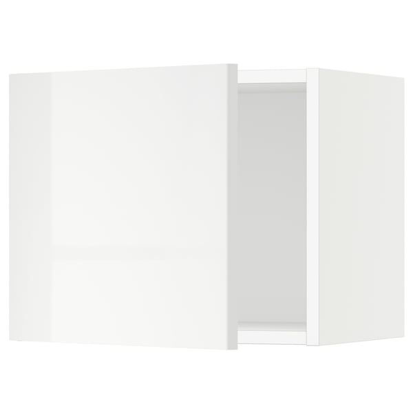 A white, high-gloss kitchen cabinet with a sleek, modern design.