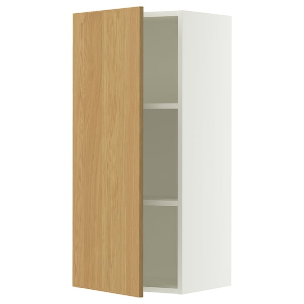 Ikea SEKTION white wall cabinet with oak door, slim, rectangular, minimalist design, adjustable shelves.