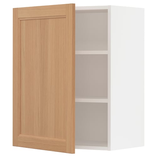 Open oak wooden cabinet door with white shelving. Sleek and modern design, natural finish.