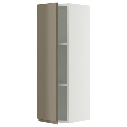A modern, tall, white cabinet with a high-gloss, dark grey-brown door. It has sleek, integrated handles and adjustable shelves.