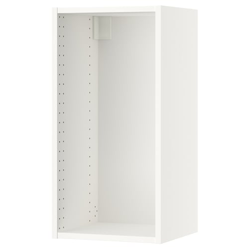 This is a white SEKTION kitchen wall cabinet, rectangular, with drilled holes for adjustable shelves and a sturdy, clean design.