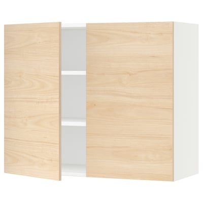 SEKTION light wood kitchen cabinet with white interior, rectangular shape, and two doors.