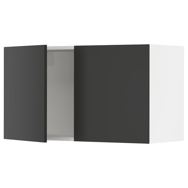 SEKTION kitchen cabinets in matt black with metallic silver interior.