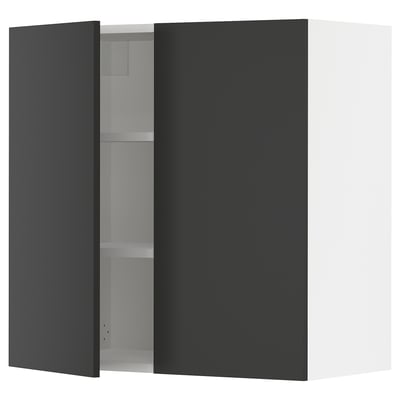 SEKTION black kitchen cabinet with open door revealing shelves.