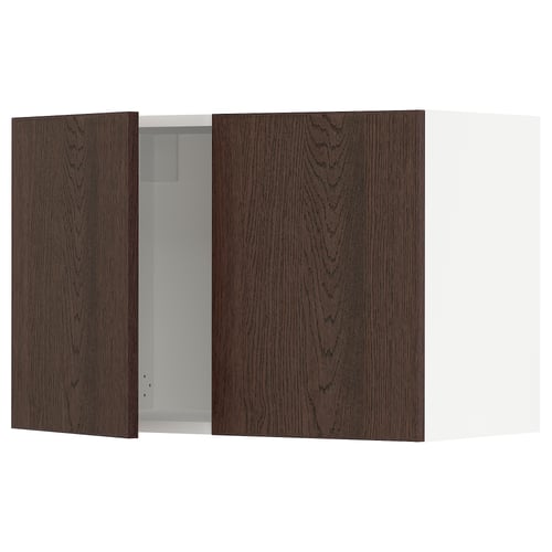 Dark wood cabinet with glass door, oak finish, white interior, wall-mounted.