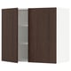 A dark brown oak SEKTION kitchen cabinet with one open door, revealing white adjustable shelves.