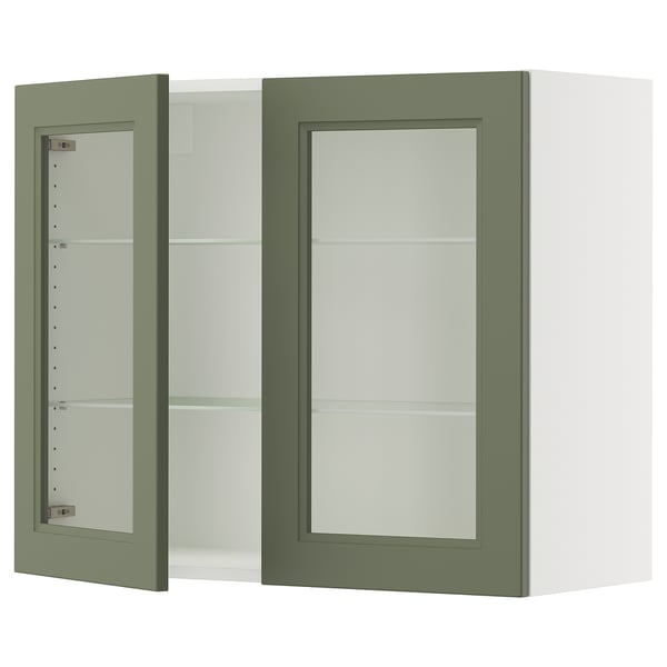 SEKTION kitchen cabinet with grey-green glass doors & 3 shelves