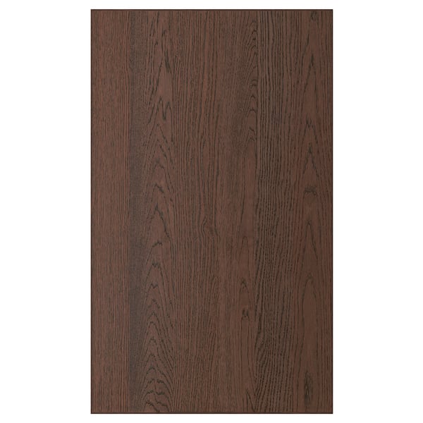 Dark wood-toned kitchen cabinet door with a modern look. Made of oak veneer with solid wood edge. Square shape, sleek and timeless design.