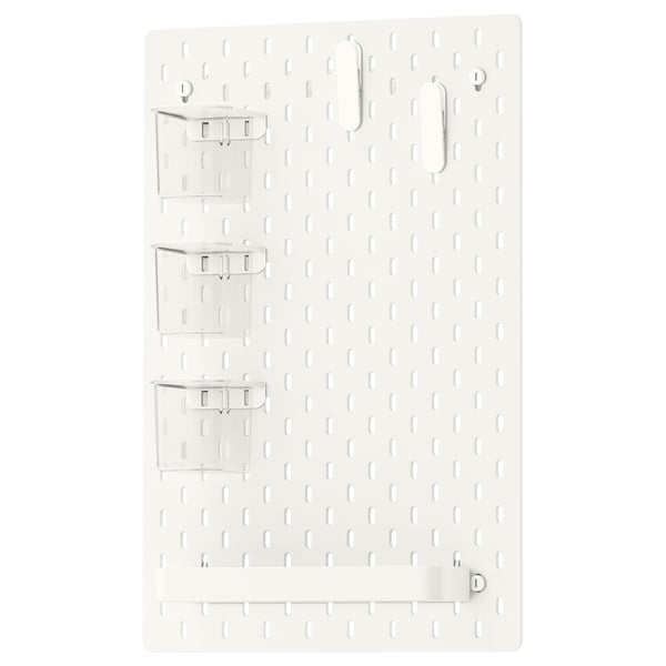 SKÅDIS white pegboard with clear containers and clips, rectangular shape, wall-mounted organisation system.