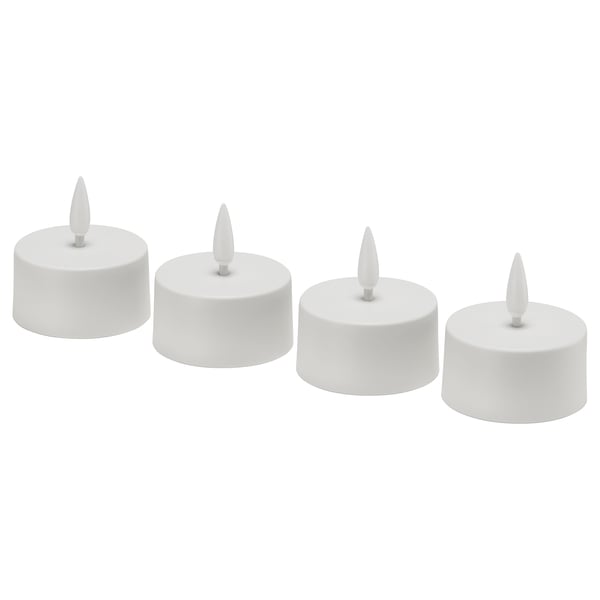 Four white cylindrical led tealights in a line; modern, clean design.