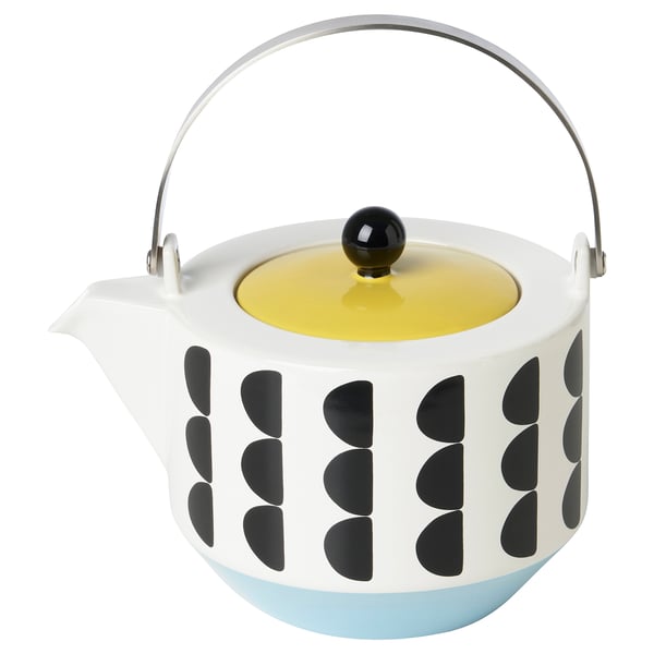 SKEDSTÖR teapot, white with black dots, yellow lid, round shape, scandinavian design.