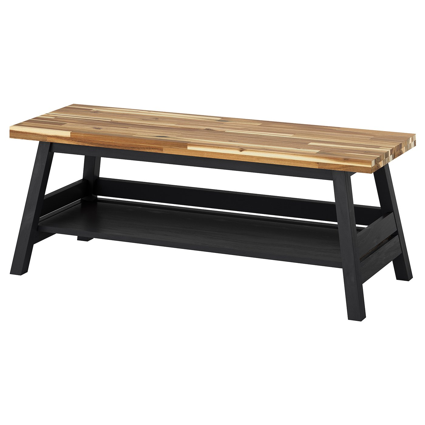 The SKOGSTA bench with a natural wood top and black legs, featuring a shelf for storage.