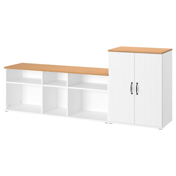 SKRUVBY storage set: white, wood, flat surfaces, open & closed units, minimalist design.