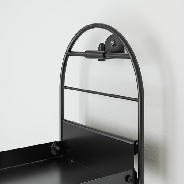 Modern black metal wall shelf with arched frame, sturdy and sleek design.