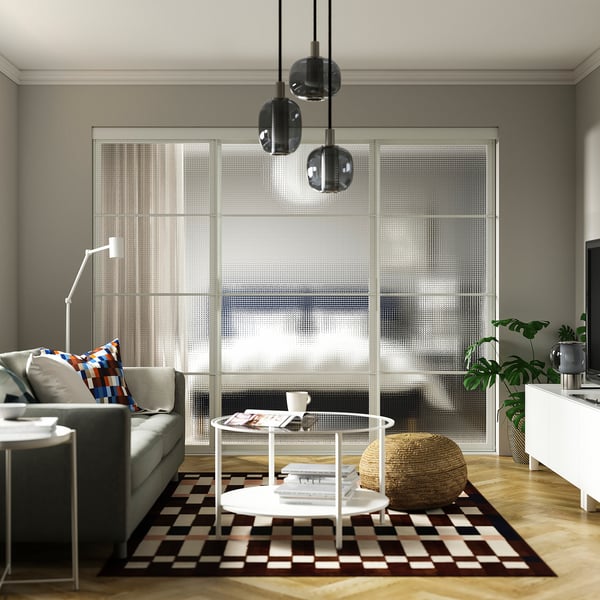 SKYTTA / LUNDBRÄSMA Sliding door combination, white/checkered glass, 98 7/8x80 1/2 "