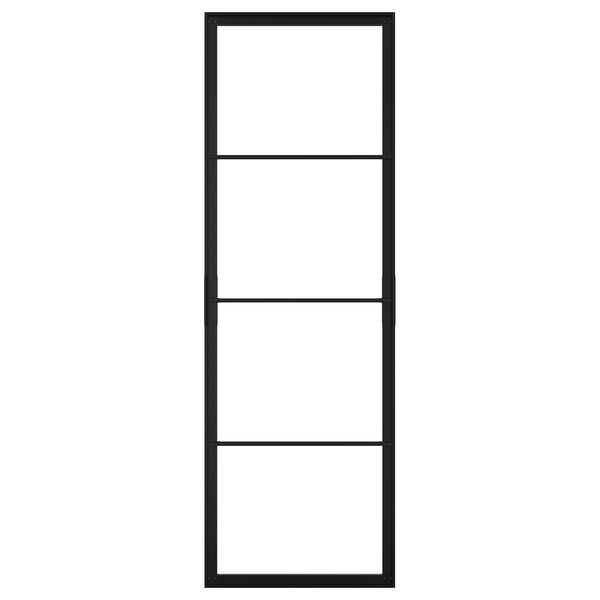 A minimalist, black-framed SKYTTA sliding door. The door has a rectangular shape with four empty compartments and is made of aluminium.