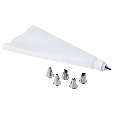 SMAKSAM baking tool set: white silicone pastry bag with six stainless steel tips for decorating pastries.