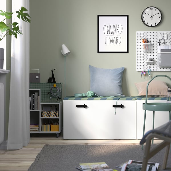 Home office with SMÅSTAD bench. Clean design, white, sleek lines. Perfect for small spaces, fits under desk.