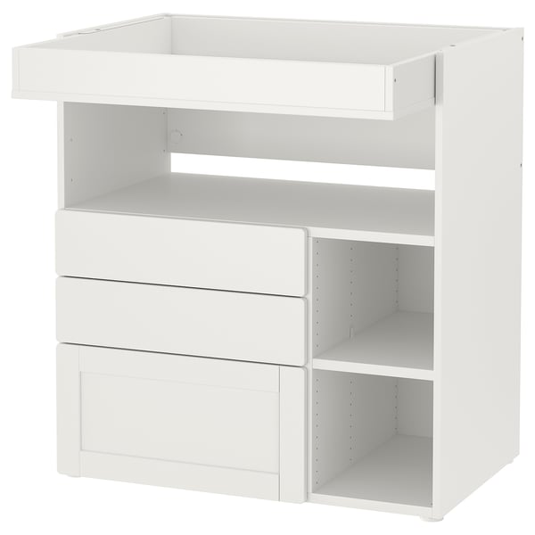 White ikea SMÅSTAD baby changing table with drawers and shelves.