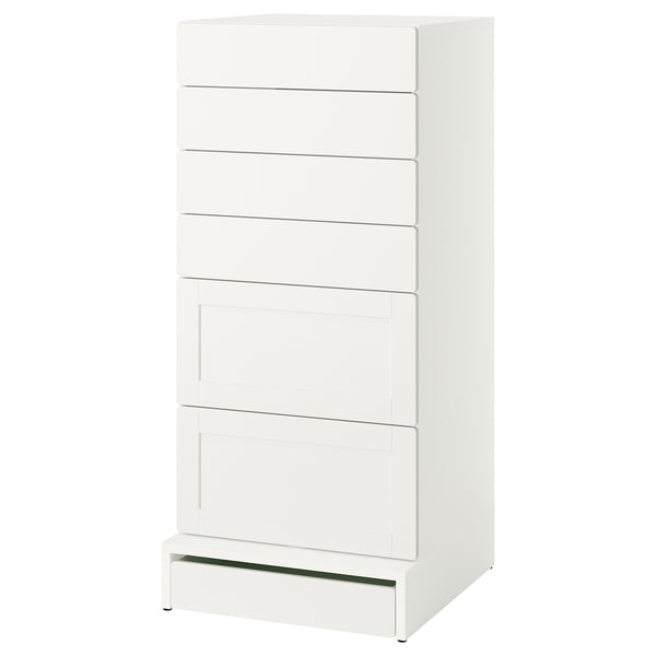 A white SMÅSTAD chest of drawers with six compartments. Its made from recycled materials and designed for childrens rooms.