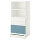Ikea SMÅSTAD white bookcase with blue drawer and open shelves.