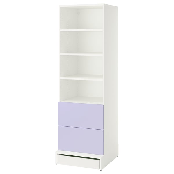 White & lavender SMÅSTAD bookcase with shelves & drawers, slim design for small spaces.
