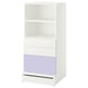 A white SMÅSTAD bookcase with a lavender drawer, featuring open and closed storage spaces.