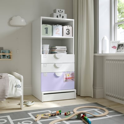 Childs room with SMÅSTAD bookcase, toys, and cloud lamp.