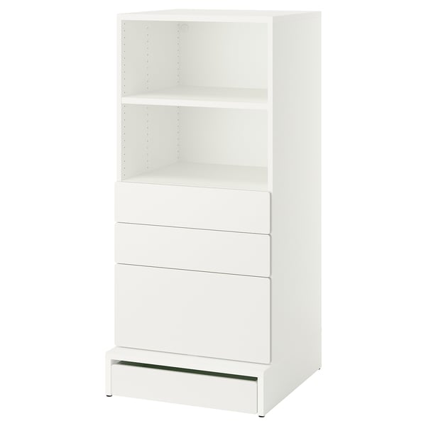 This is a white SMÅSTAD bookcase. It has open shelves and drawers, ideal for storage and display. The minimalist design suits modern spaces.