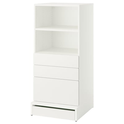 This is a white SMÅSTAD bookcase. It has open shelves and drawers, ideal for storage and display. The minimalist design suits modern spaces.