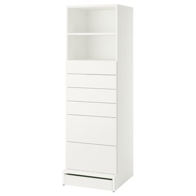 Depicts a SMÅSTAD white storage unit with adjustable feet, open shelves, and multiple drawers for practical storage.