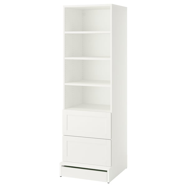 SMÅSTAD bookcase: 4 shelves, 3 drawers, recycled materials, kids-friendly.