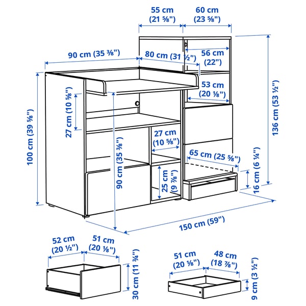 Illustration with measurements for the product: SMÅSTAD.