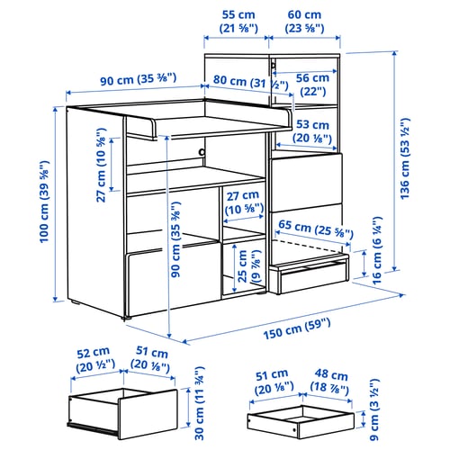 Illustration with measurements for the product: SMÅSTAD.