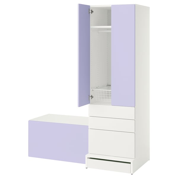 Kids storage unit: white wardrobe, purple accents, three drawers, open door revealing shelves.