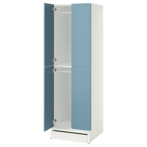 A white and blue SMÅSTAD wardrobe with two open doors revealing shelves inside. The wardrobe soft-closing hinges and a storage drawer.